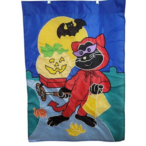Halloween Banner Black Cat Trick Or Treating Jack O'Lantern Leaves Fall 40"X28" - Picture 1 of 6